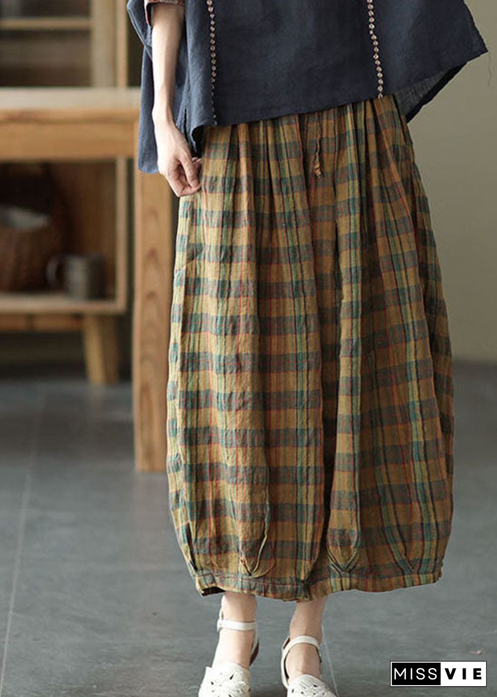 Yellow Plaid Print Cotton wide leg Pants drawstring Spring