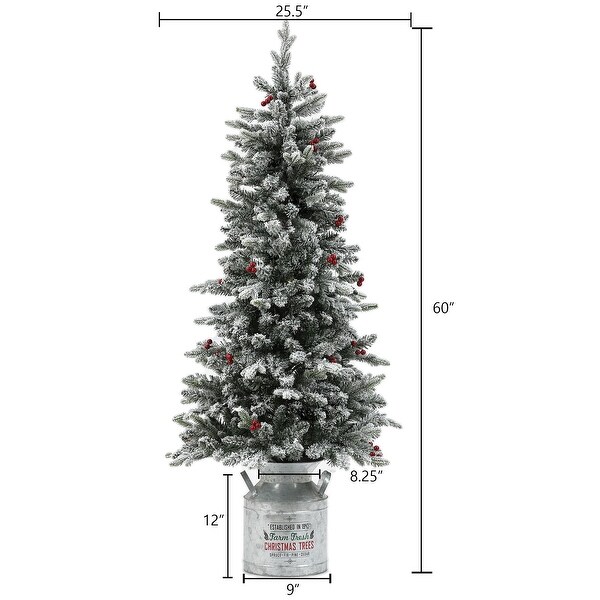 PreLit LED 5ft Snow Flocked Artificial Christmas Tree with Red Berries and Metal Pot