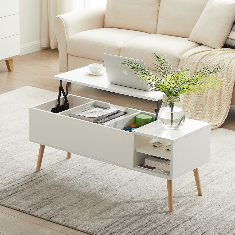 Modern Lift Top Coffee Table  Solid Wood Dining Table with Hidden Compartment and Adjustable Storage Shelf