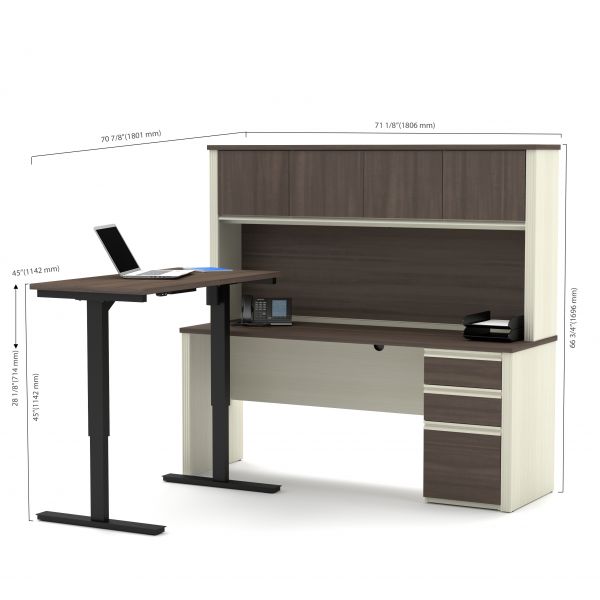 Bestar Prestige + L-Desk with Hutch including Electric Height Adjustable Table in White Chocolate and Antigua