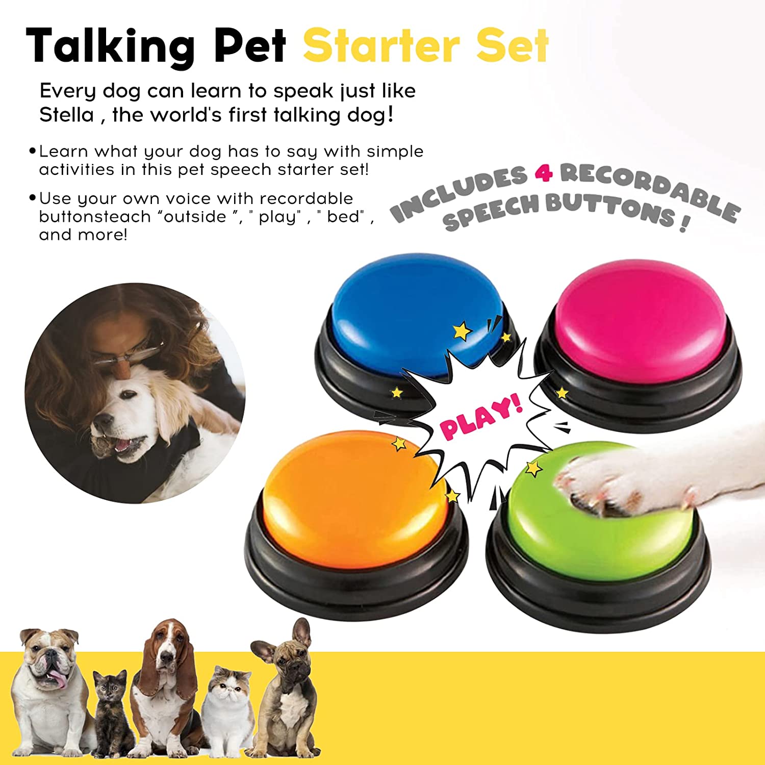 MoveCatcher Voice Recording Button， Dog Buttons for Communication Pet Training Buzzer， Speaking Button for Dog Training 30s Record and Playback - Games and Stuff for Dogs - Set of 4