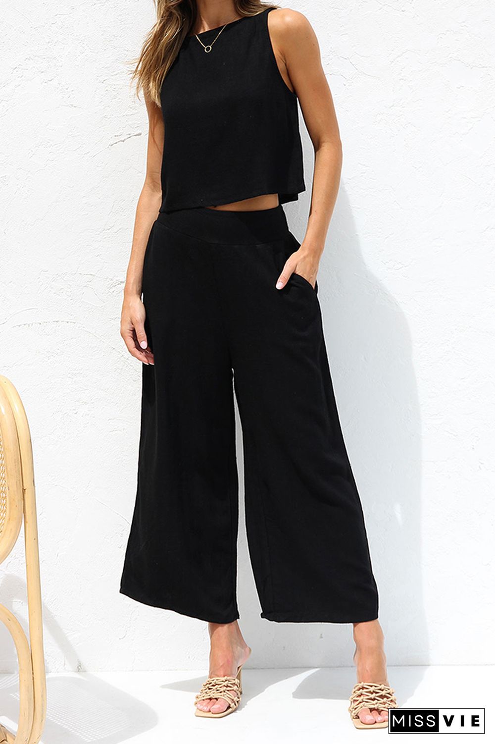 Plain Lien Tank Top With Wide Leg Pants 2pcs Set