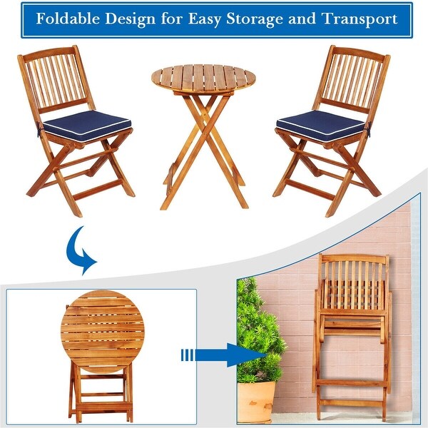 3 Pieces Acacia Wood Patio Folding Bistro Set Cushioned Chair - Overstock - 37532301