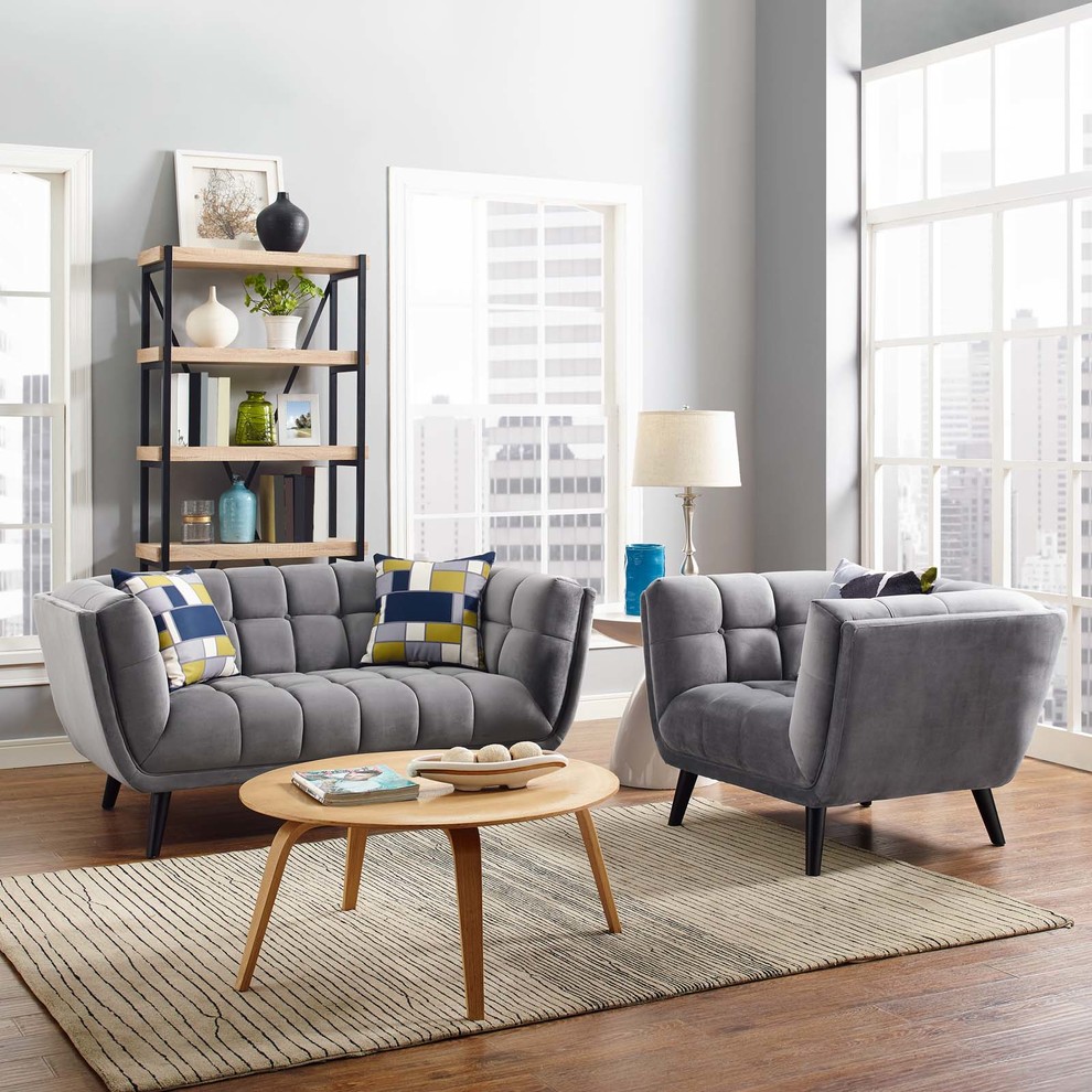 Bestow 2 Piece Velvet Loveseat and Armchair Set  Gray   Midcentury   Living Room Furniture Sets   by BisonOffice  Houzz