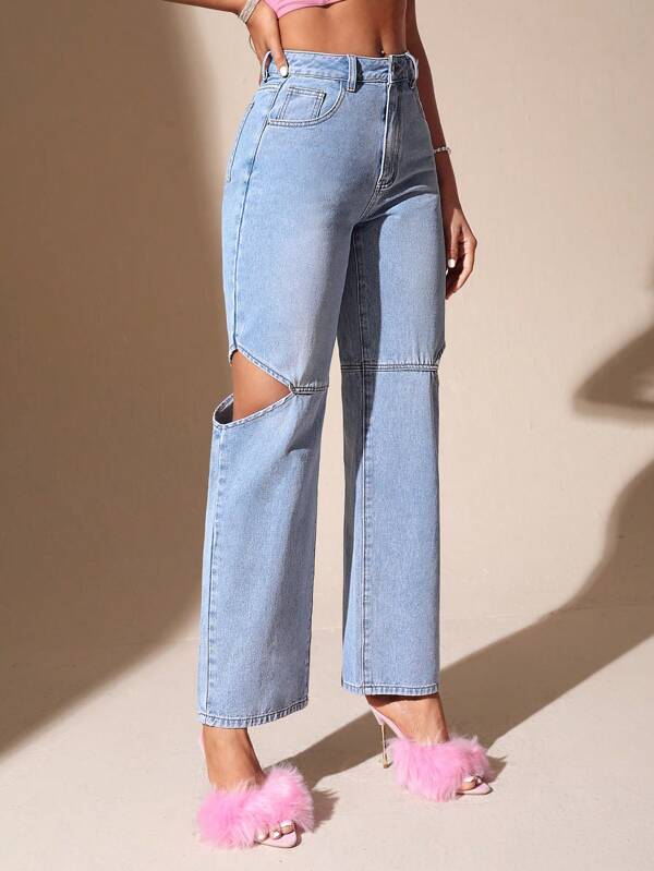 Cut Out Straight Leg Jeans