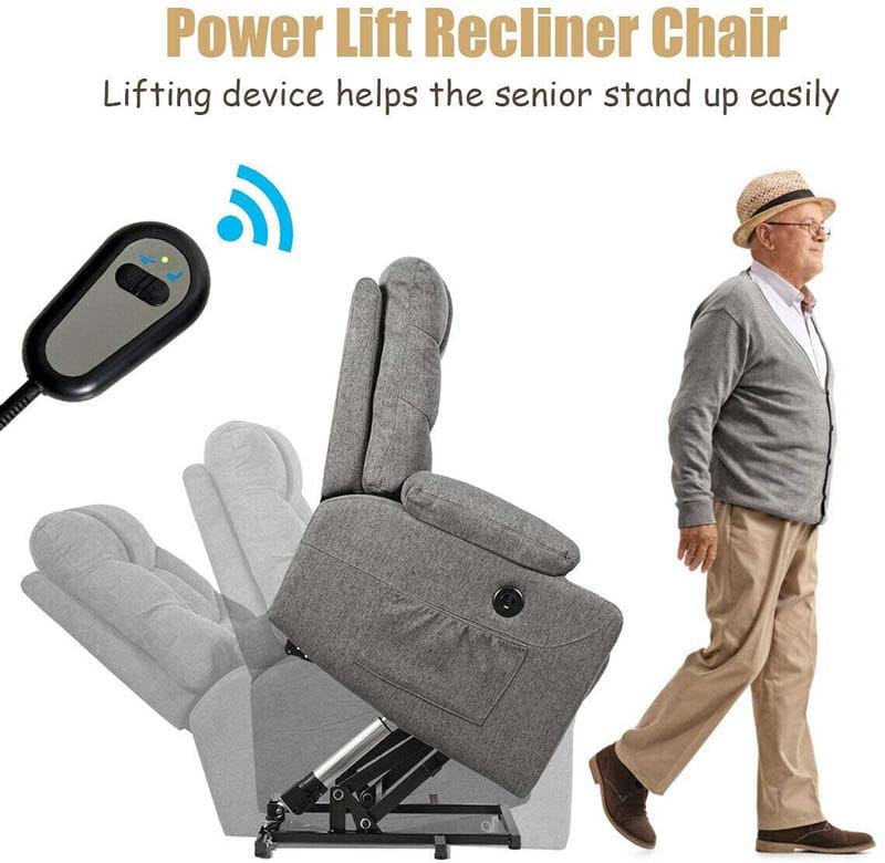 Heated Power Lift Recliner Fabric Massage Reclining Sofa, Elderly Lift Chair with 8 Point Massage, 2 Side Pockets Cup Holders, USB Port