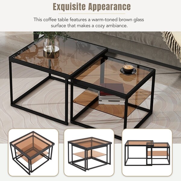 Adjustable 2Tier Nested Coffee Table with Highlow Glass with Metal