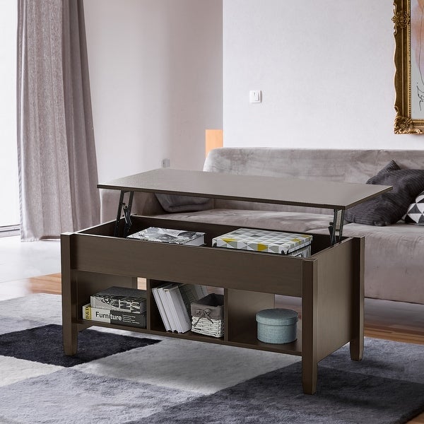 Modern Lift Top Coffee Table with Inner Storage Space and Open Wooden Storage， Center Table with Solid Pine Wood Legs