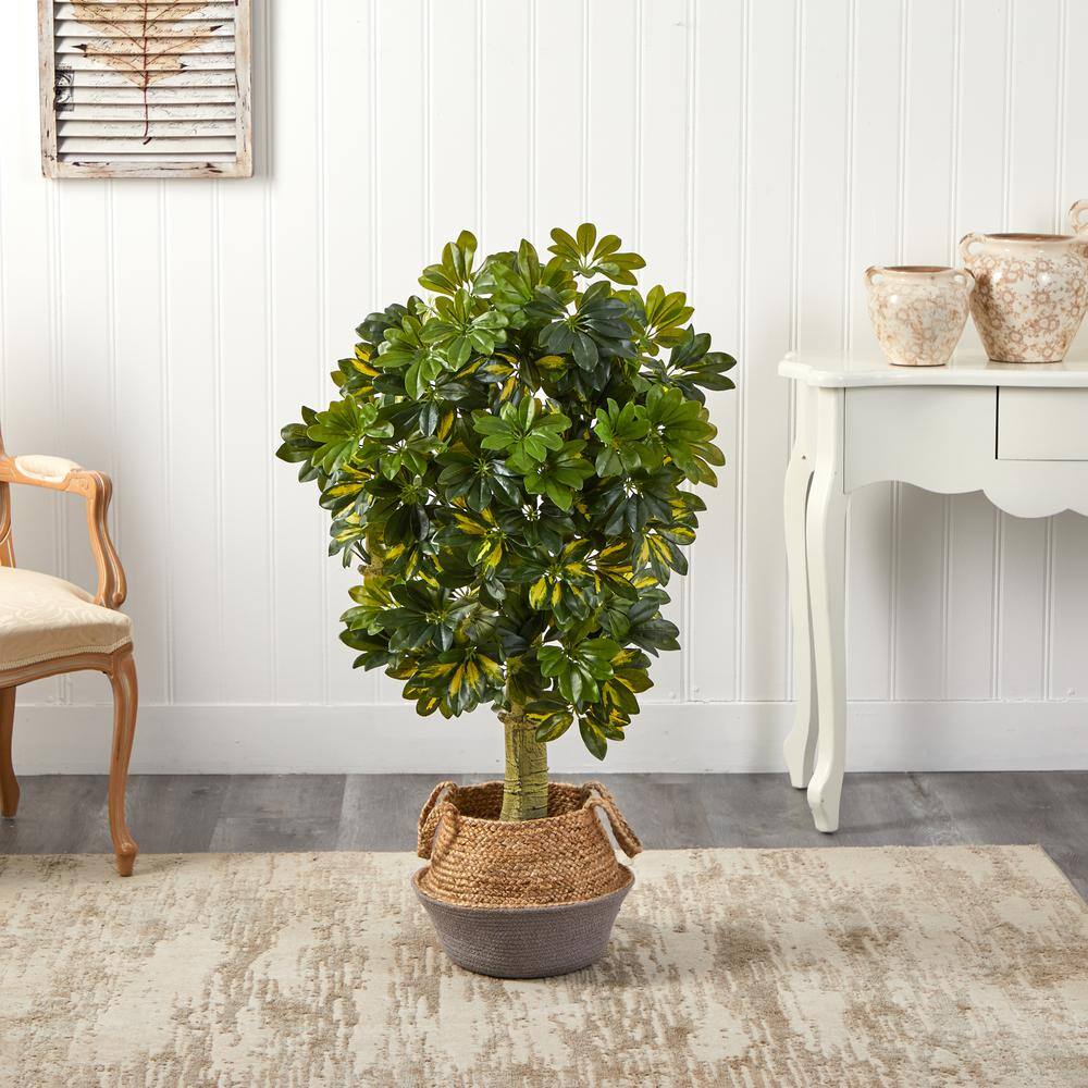 Nearly Natural 4 ft. Green Schefflera Artificial Tree in Boho Chic Handmade Cotton and Jute Gray Woven Planter (Real Touch) T2935