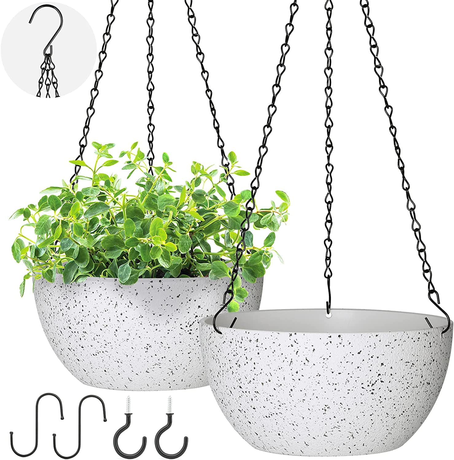 2 Pack Hanging Planter Pots for Plants Outdoor Indoor, 9 inch Hanging Plant Pot Plastic Flower Pots with Drainage Holes Ceiling Hooks