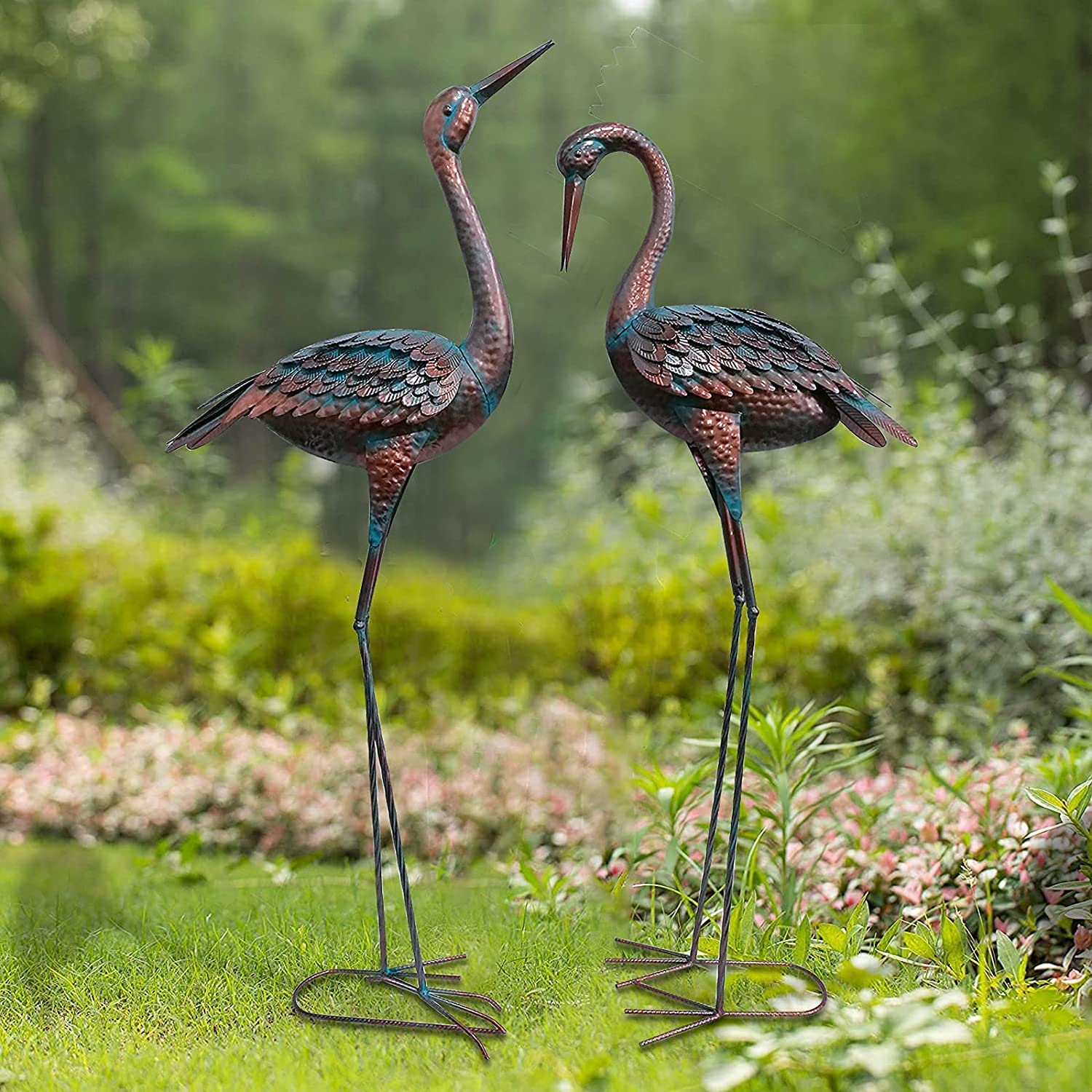 aboxoo Garden Crane Statue Decor ,Large Patina Heron Decoy and Standing Metal Sculptures Metal Outdoor Yard Art Statue for Lawn Patio Backyard Decoration, Set of 2