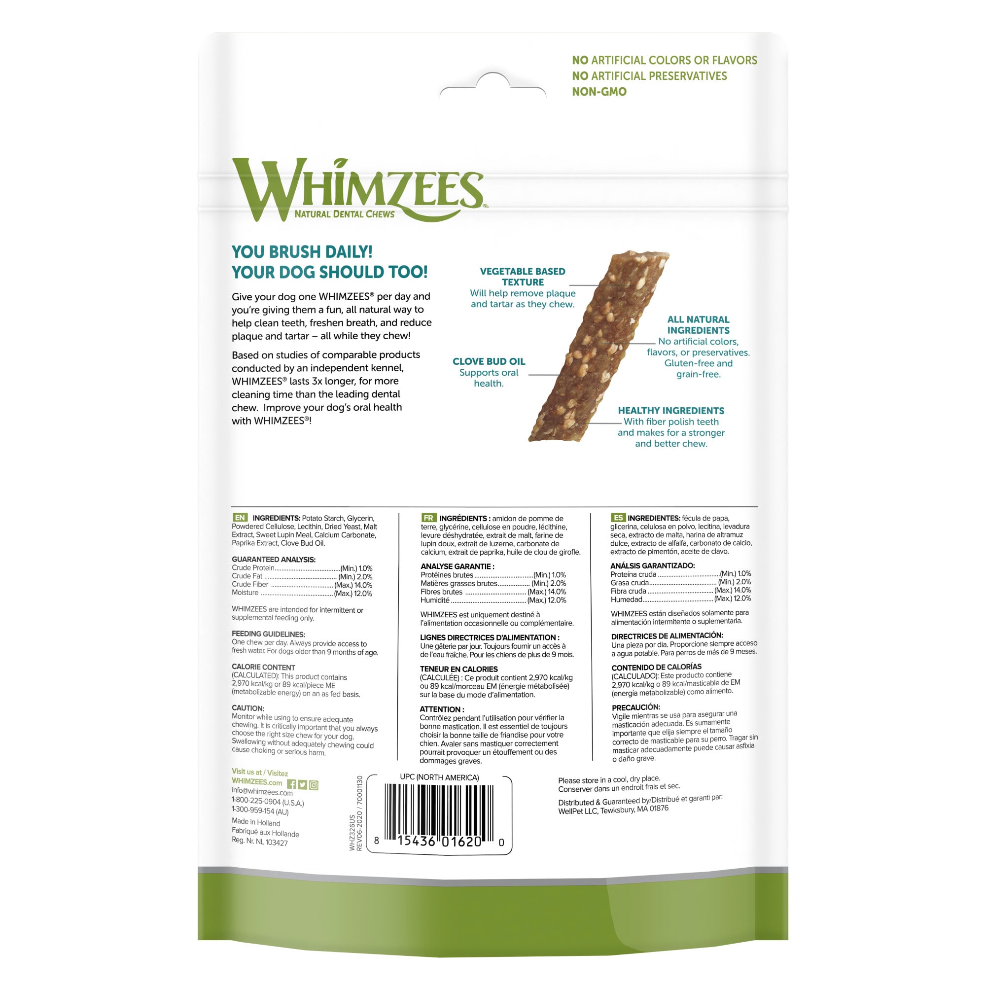 WHIMZEES Natural Grain Free Daily Dental Long Lasting Veggie Strips Medium Dog Treats， 14.8 oz.， Pack of 14