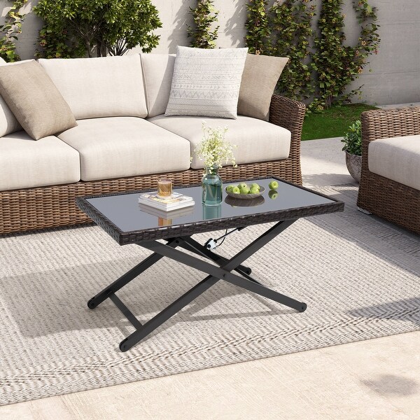 Outdoor Coffee Table Side Table Fits with Conversation Set，PE Rattan and Glass Tabletop，Adjustable Height