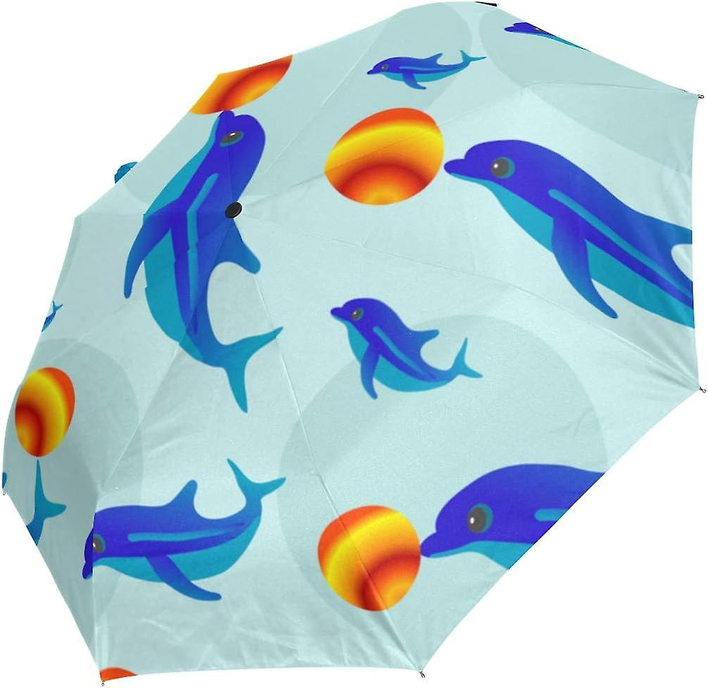 Travel Umbrella Automatic Windproof Foldable Umbrella Blue Dolphins Play With Ball