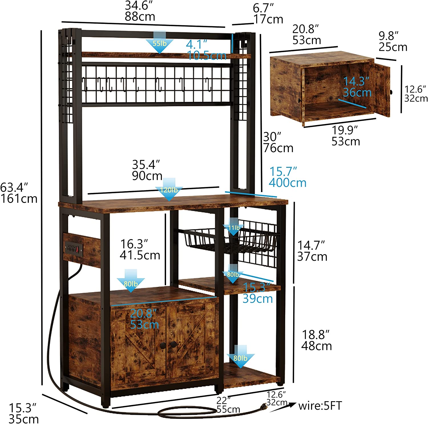 IRONCK Bakers Rack with Power Outlets， Large Microwave Stand with Drawer for Kitchen， Vintage Brown and sleek wood grain