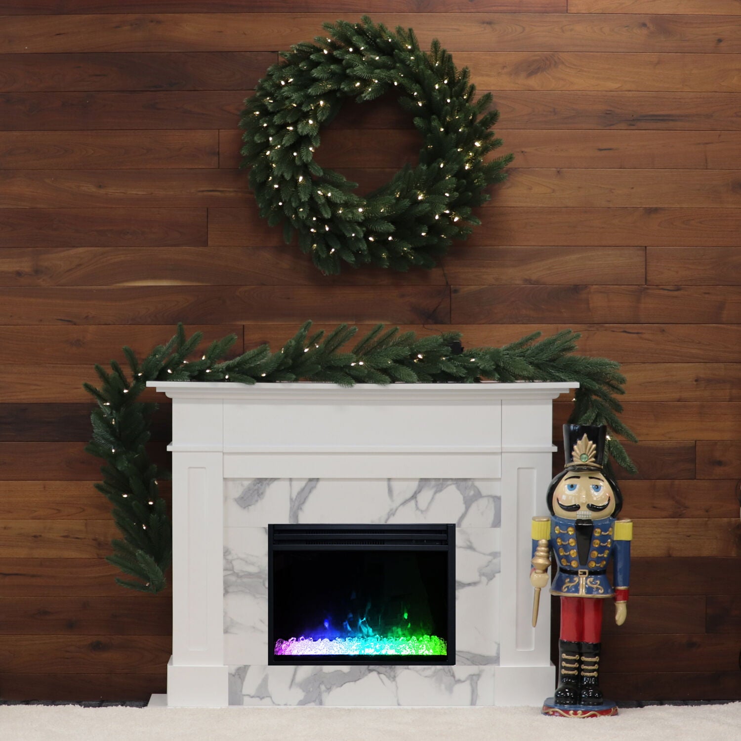 Sofia Cambridge 57-In. Modern Indoor Electric Fireplace Mantel with LED Multi-Color Crystal Insert with Remote | White Faux Marble | Heating for Living Room, Dining Room, Bedrooms up to 210 Sq.Ft.