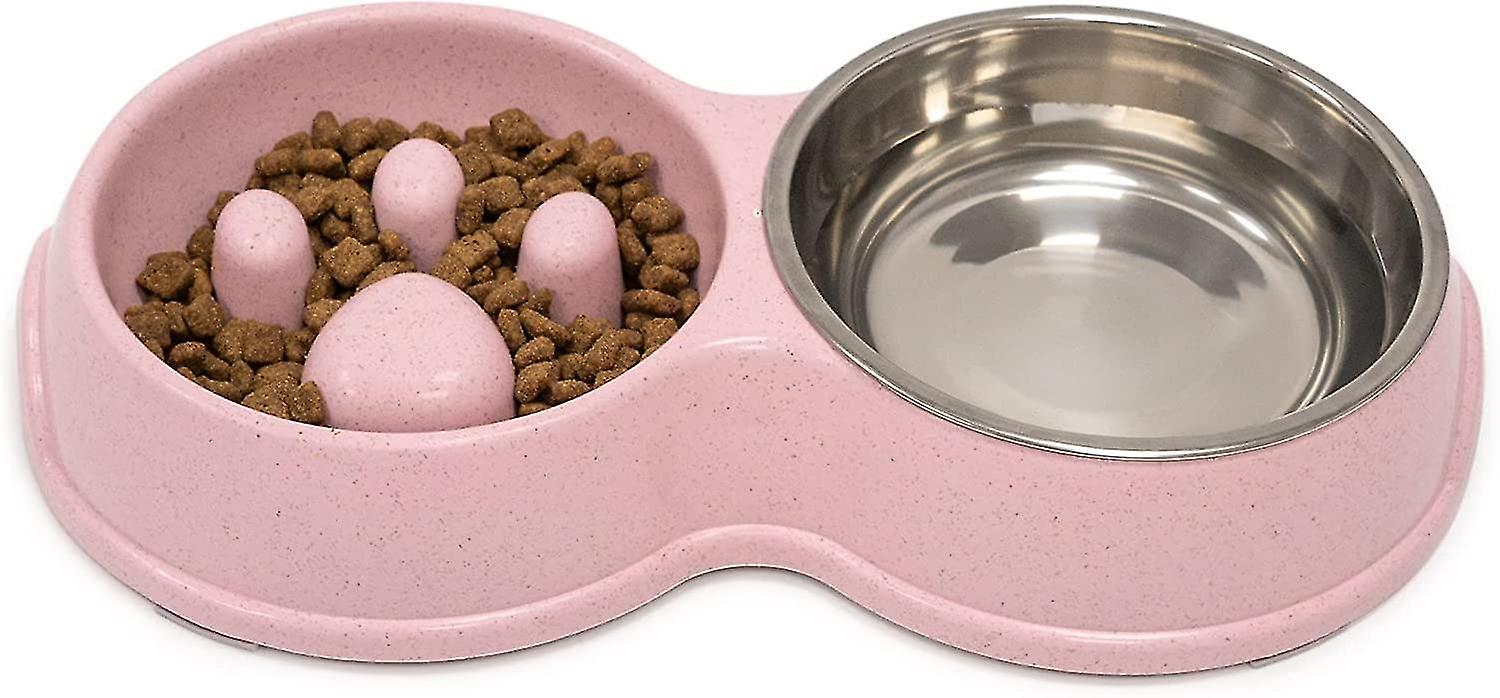 Double Feeder Slow Feeder Interactive Feeder Stainless Steel Non-slip Pink