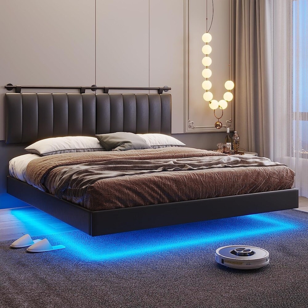 King Floating Bed Frame with LED Lights and Wall Mounted Headboard