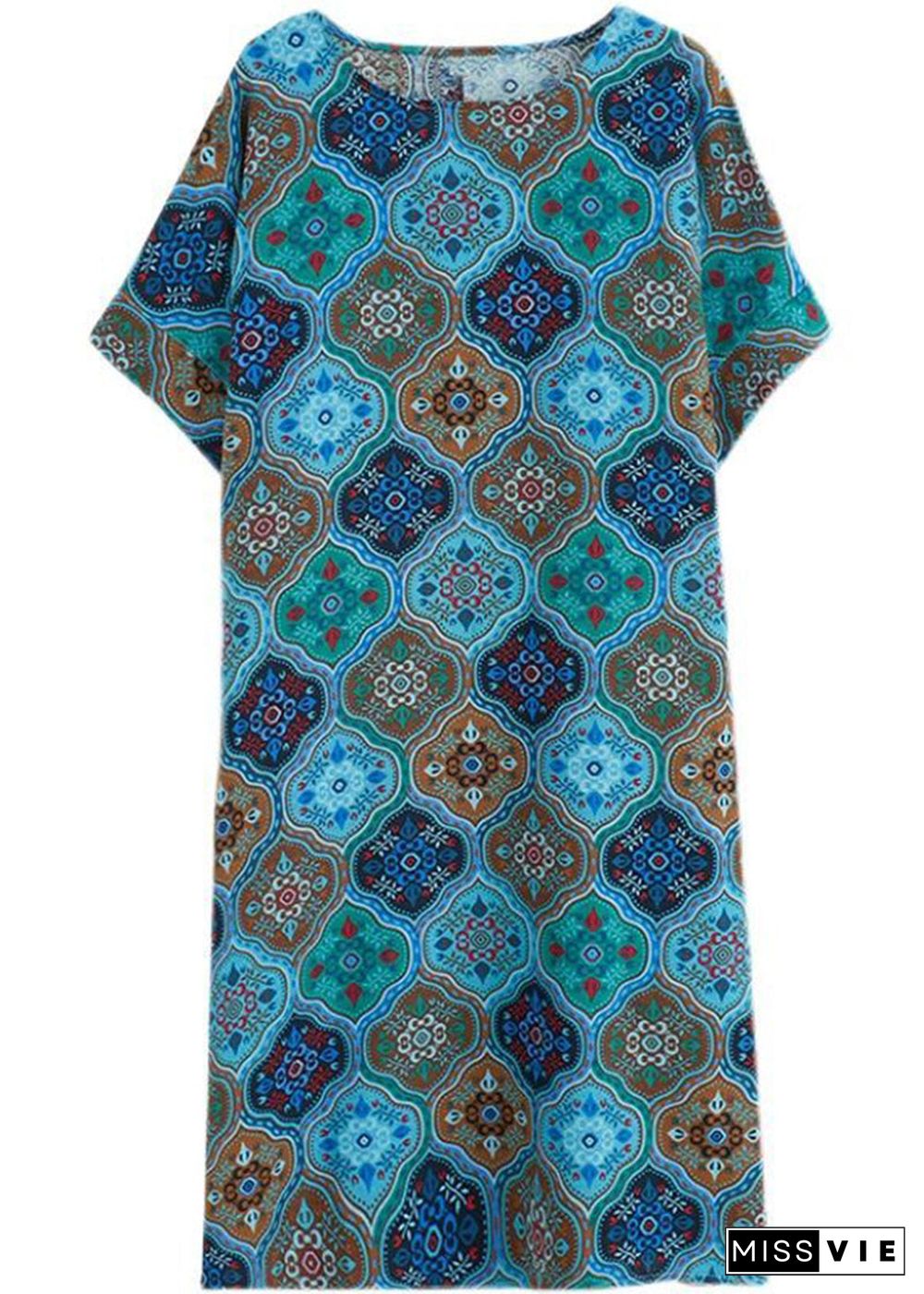 Women Blue O-Neck Print Pockets Linen Dress Short Sleeve