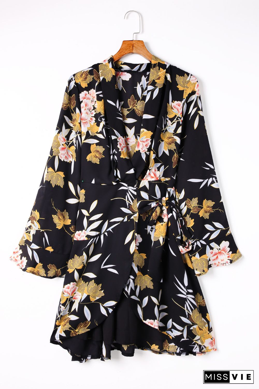 Black Palazzo Floral Ruffle Wrap Dress