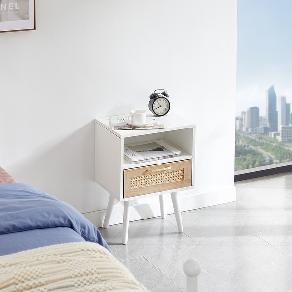 Rattan End table with drawer and solid wood legs