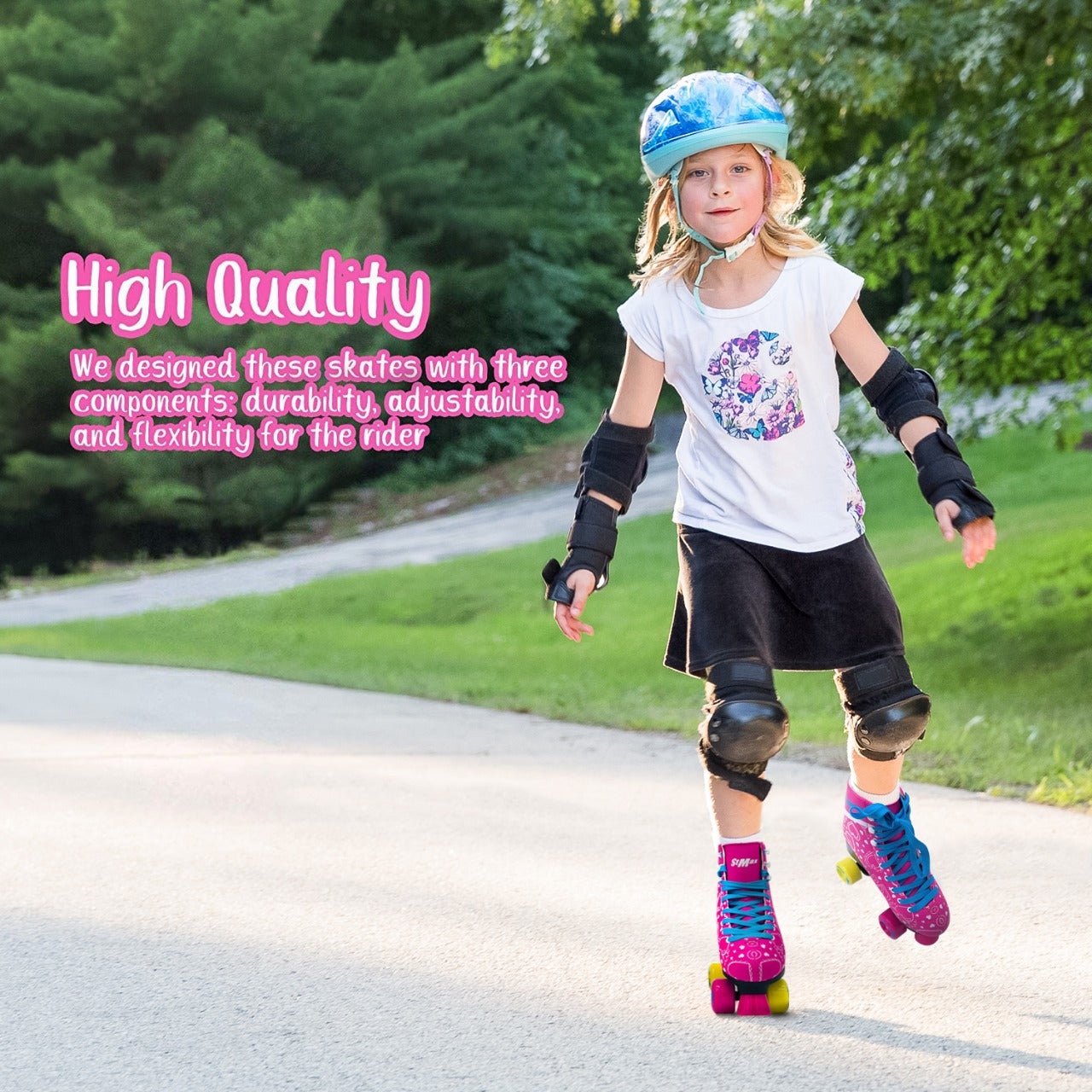 Quad Roller Skates for Girls and Women size 6.5 Youth Pink and Blue Heart Outdoor Indoor and Rink Skating Classic Hightop Fashionable Design