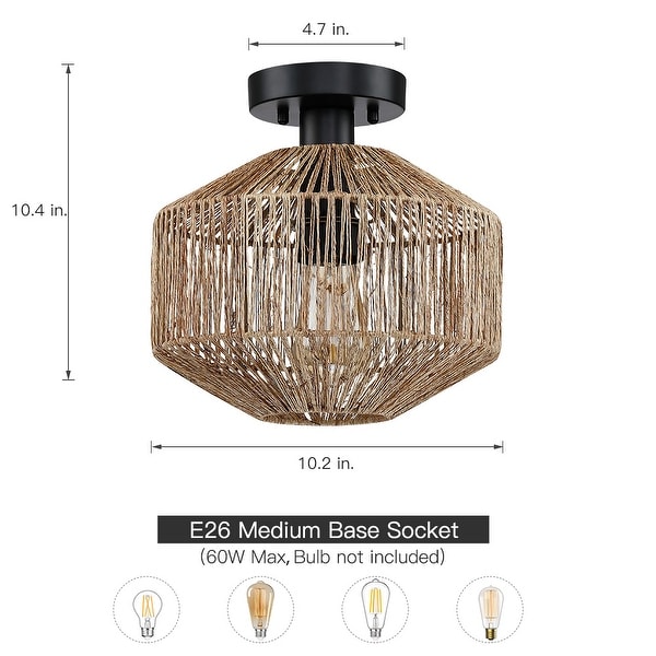 True Fine Bohemian Natural Jute Rope Semi Flush Mount Ceiling Light with Black Hardware - 10.2 in.W