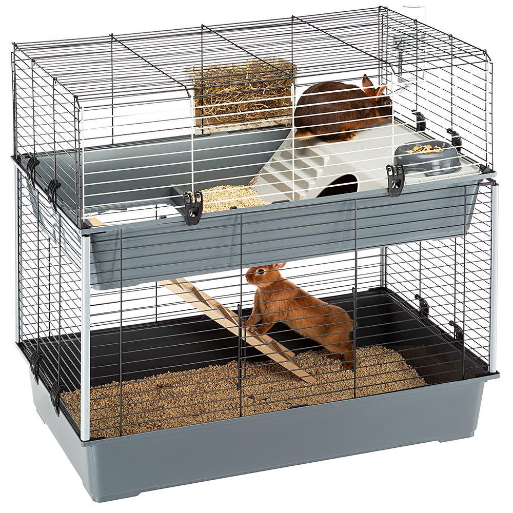 Ferplast 100 Double Rabbit Cage | Rabbit Cage Includes ALL Accessories and Measures 39L x 20.3W x 36.2H Inches， Gray and Black