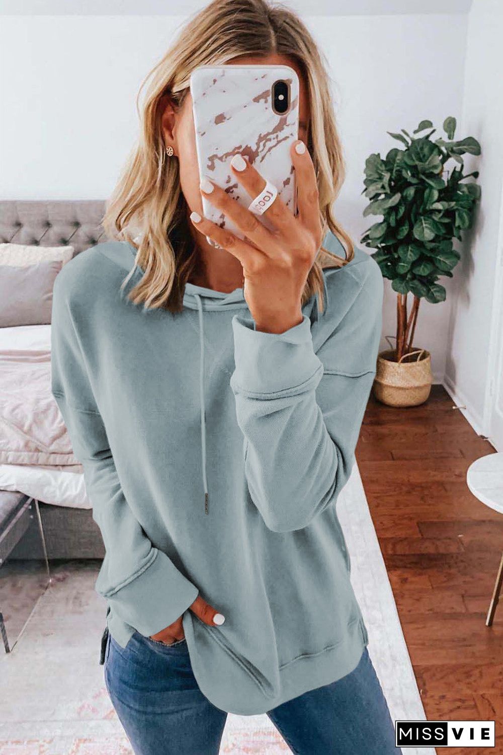 Sky Blue Drop Shoulder Slit Hem Casual Hoodie