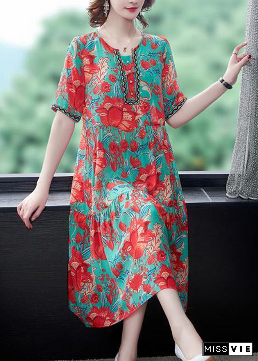 Beautiful Red O-Neck Print Silk Party Dress Summer