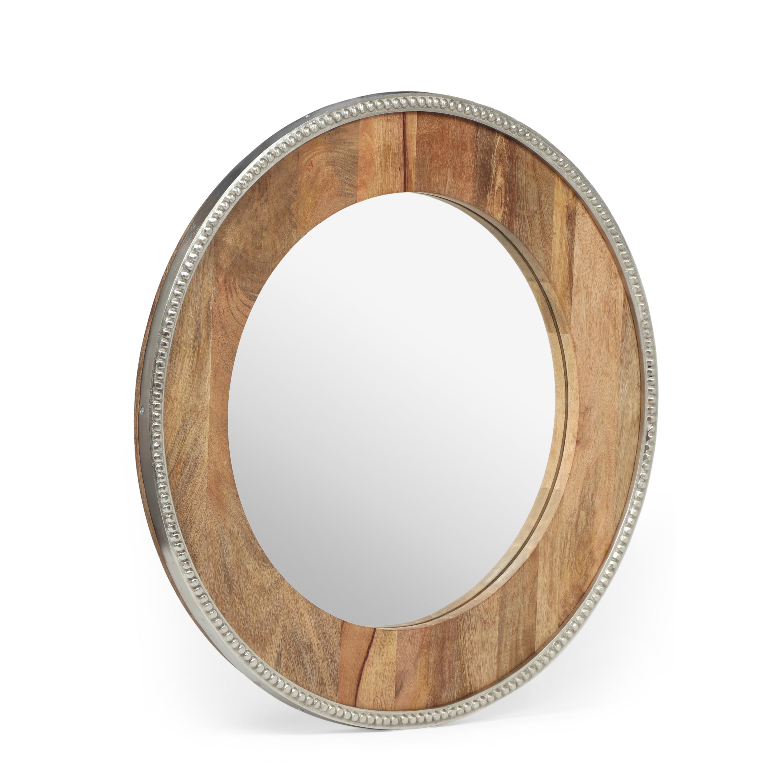 Ostrander Boho Handcrafted Round Mango Wood Wall Mirror, Natural and Silver