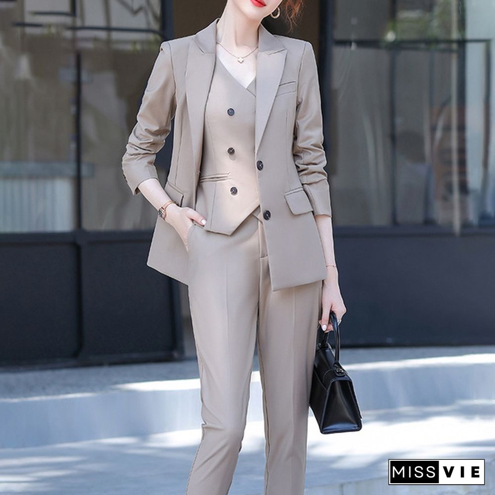 3 Piece Set Women Suits Elegant Ol Slim Blazer Suit+Double Breasted Vest+High Waist Skinny Ankle Length Pants Outfit Sets