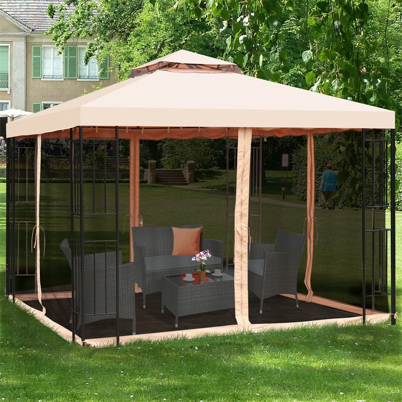 10 x 10 FT Patio Metal Gazebo with Netting, 2 Tier Vented Roof Outdoor Canopy Gazebo Tent