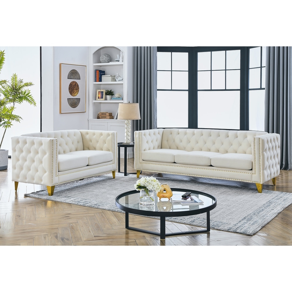 Buttons Tufted Square Arm Couch Set  Velvet Upholstered Sofa with Removable Cushion and Metal Legs for Living Room