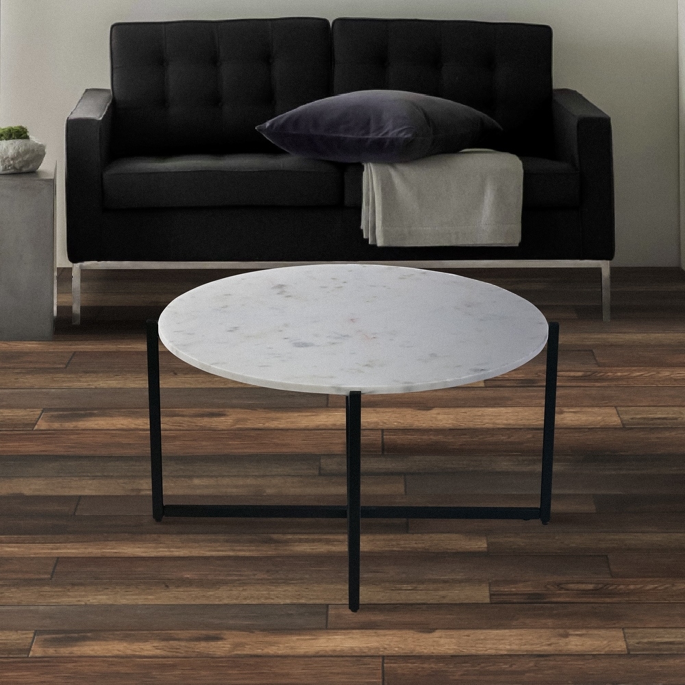 Ivy 30 Inch Marble Top Round Coffee Table with Metal Frame  White and Black