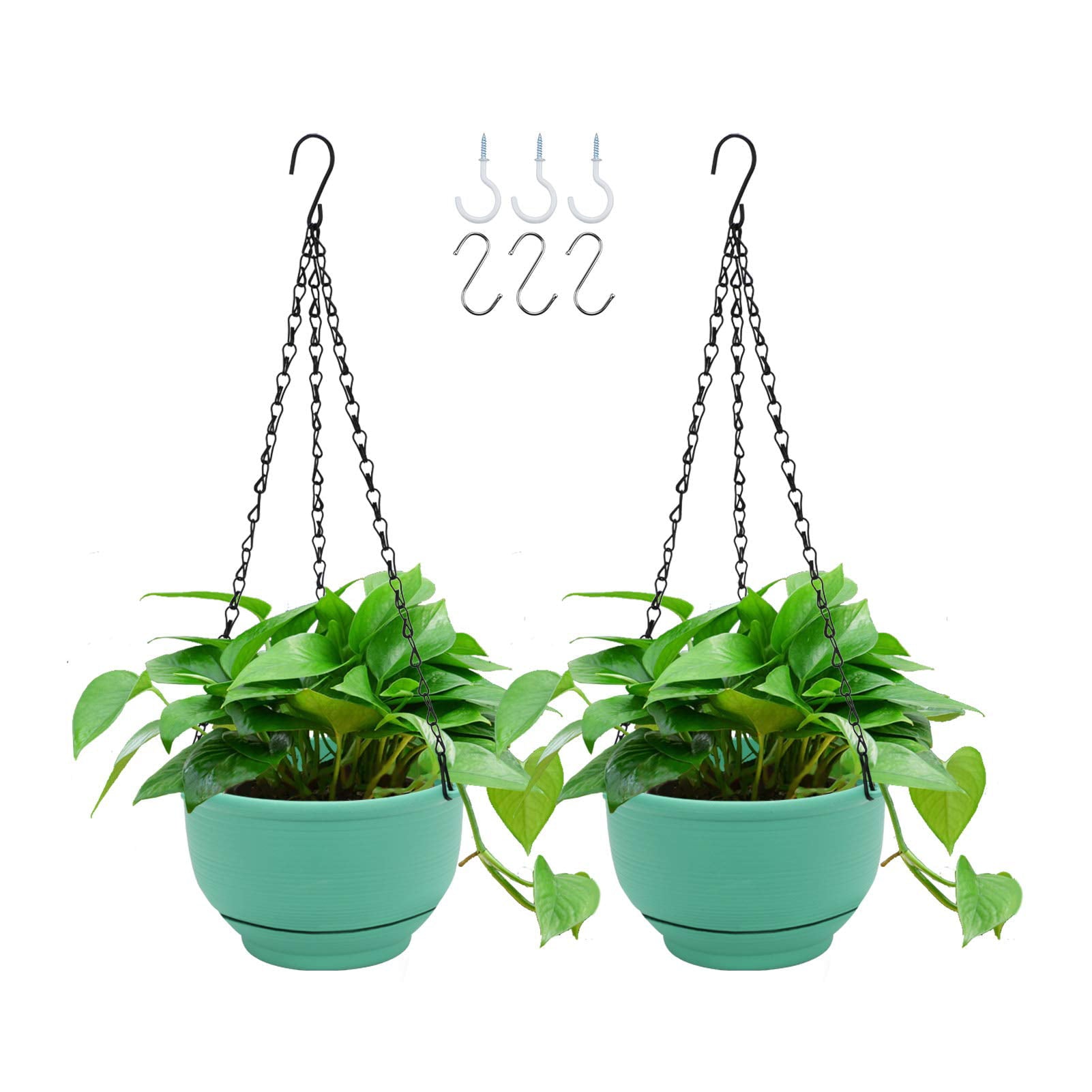 GROWNEER 2 Packs 8 Inches Plastic Hanging Planter Self Watering Basket with 6 Pcs Hooks, Hanging Flower Pot with Detachable Base for Garden Indoor Outdoor Home Decoration (Green)