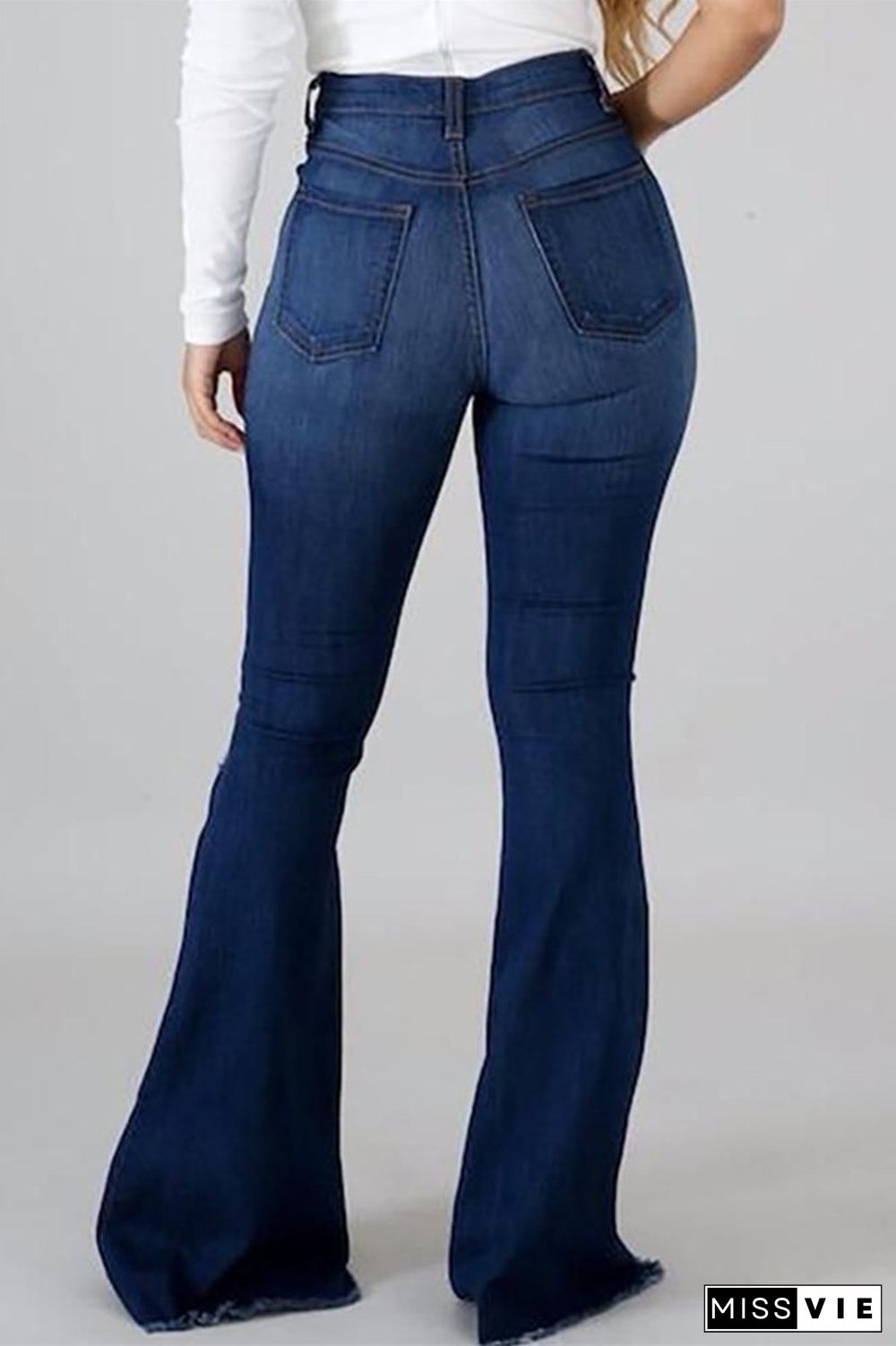 Fashion Casual Solid Ripped High Waist Regular Denim Jeans