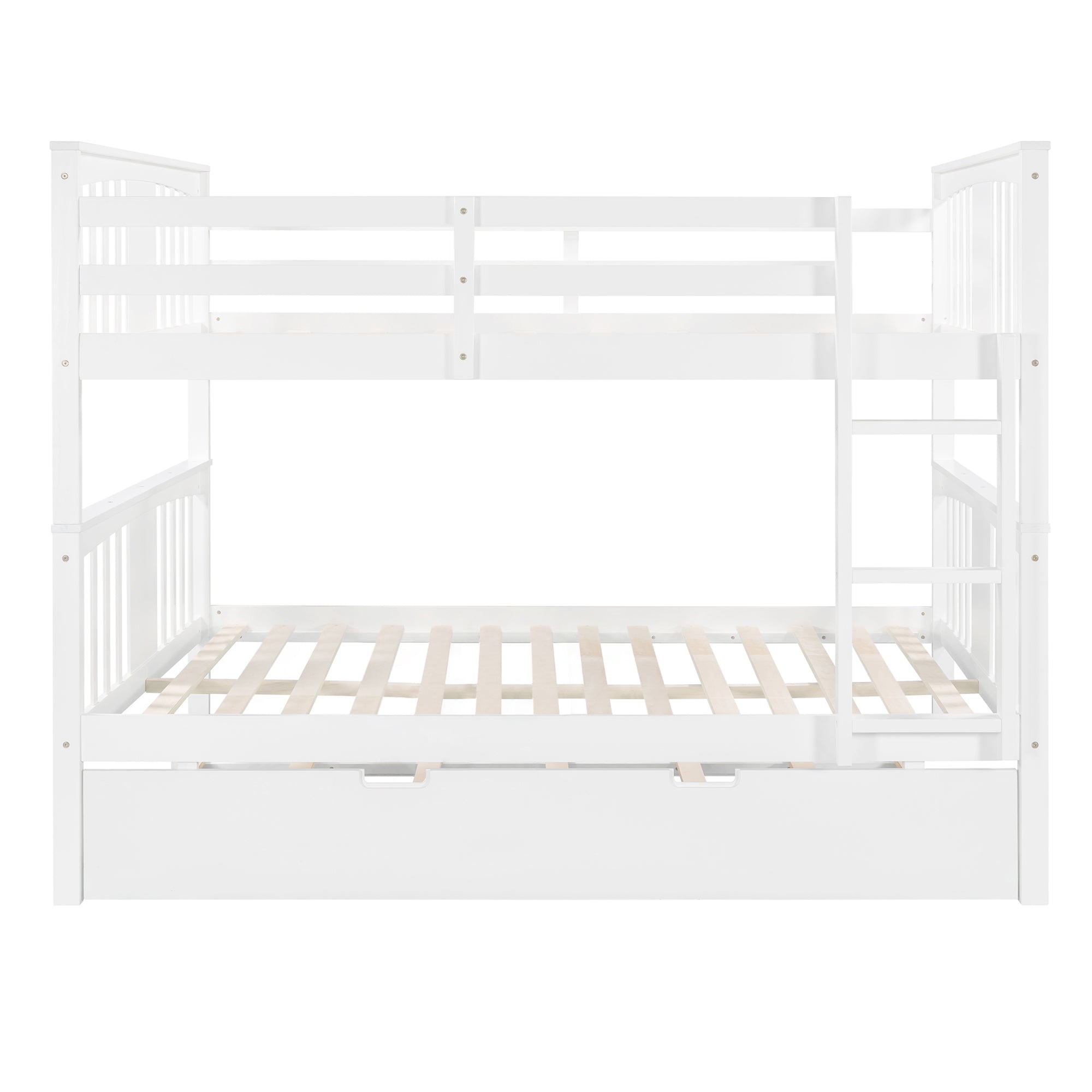 Full Over Full Bunk Bed with Twin Trundle Wood Bunk Bed Frame with Guard Rails and Ladder for Kids Boys Girls Teens Adults, Can be Convertible to 2 Beds,White