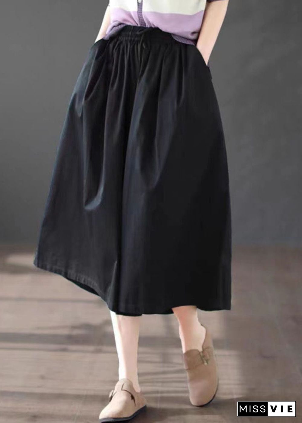 DIY Black Pockets Patchwork Cotton Wide Leg Crop Pants Summer