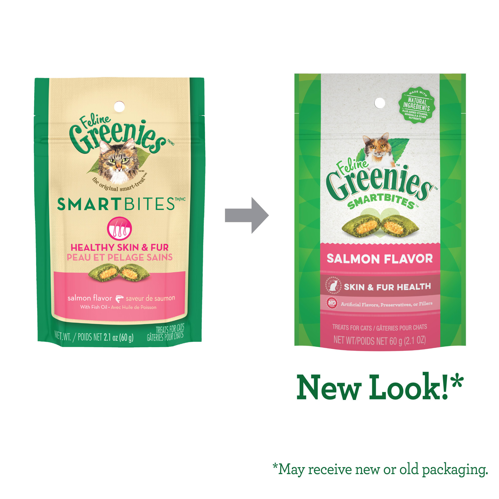 Greenies Smartbites Salmon Flavor Skin  Fur， Crunchy and Soft Natural Cat Treats， 4.6 oz.