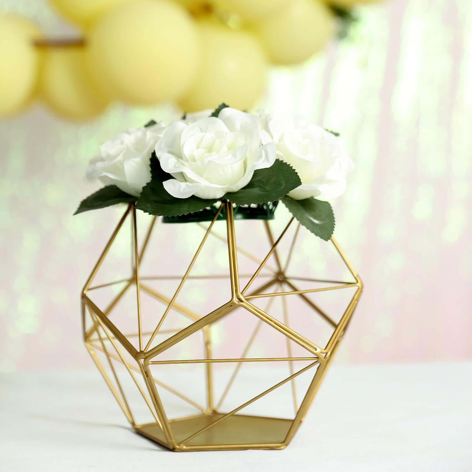 Gold Metal Pentagon Prism Tealight Candle Holder, Open Frame Geometric Flower Stand 7