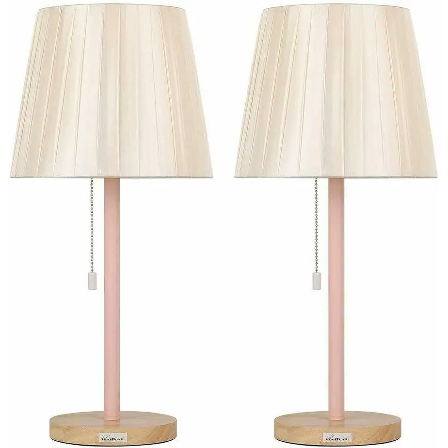 Oumilen Two Set Pink Vintage Wooden Base Pull Chain Table Reading Lamp