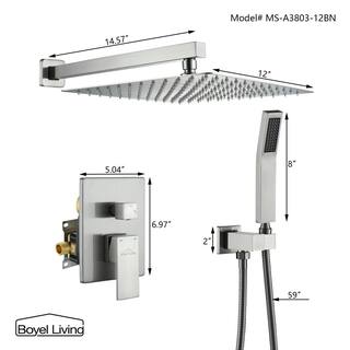 Boyel Living 1-Spray Patterns with 2.5 GPM 12 in. Square Wall Mount Dual Shower Heads with Pressure Balance Valve in Brushed Nickel MS-A3803-12BN