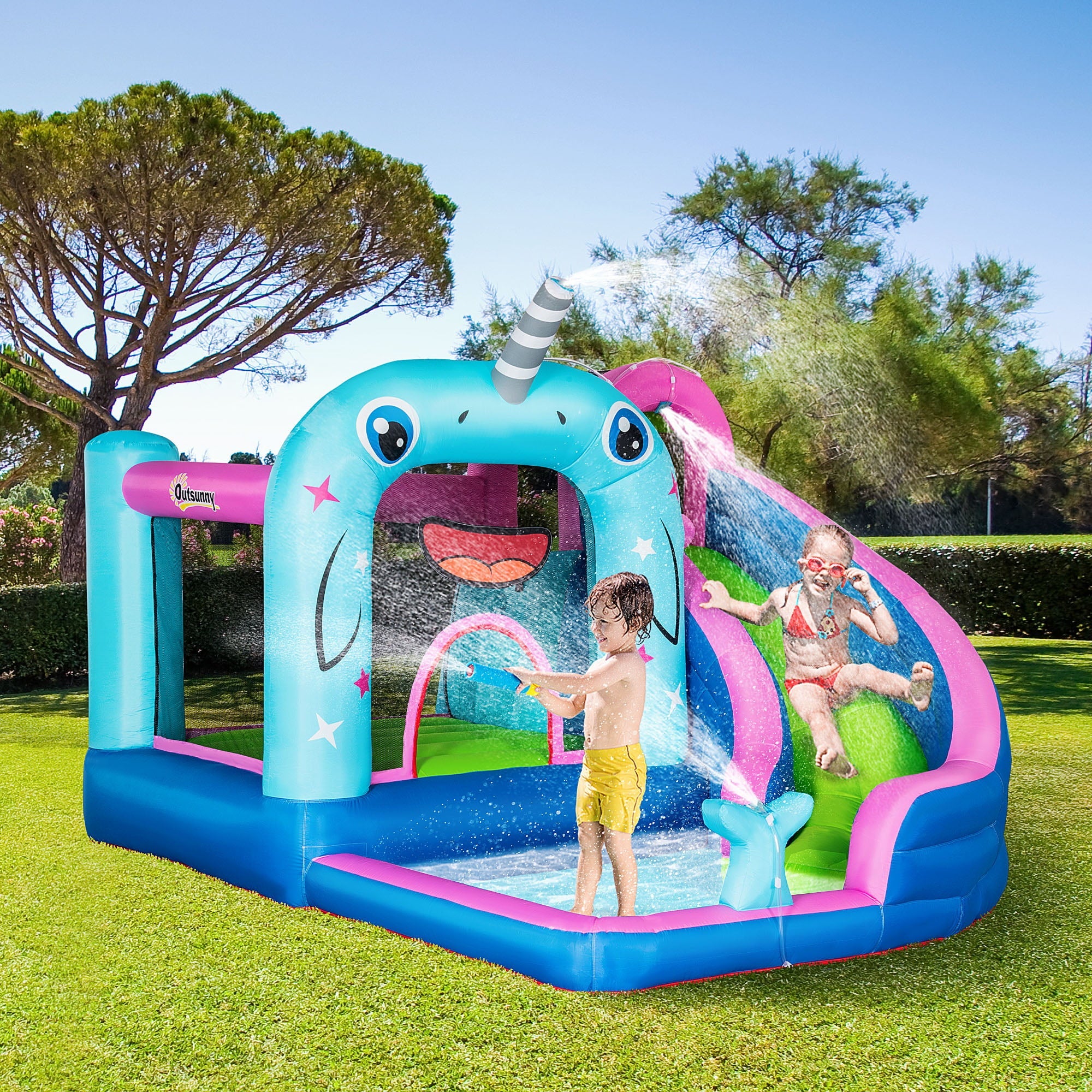 Outsunny 5-in-1 Water Slide Kids Inflatable Bounce House Narwhals Theme Water Park Includes Slide Trampoline Pool Cannon Climbing Wall with Carry Bag, Repair Patches without Air Blower