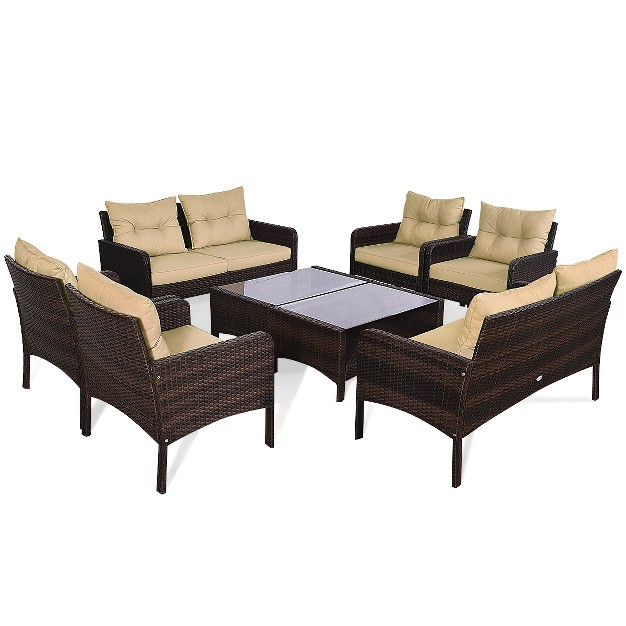 Tangkula 4 Pieces Patio Conversation Set Rattan Wicker Loveseat Sofa Coffee Table amp Glass Top