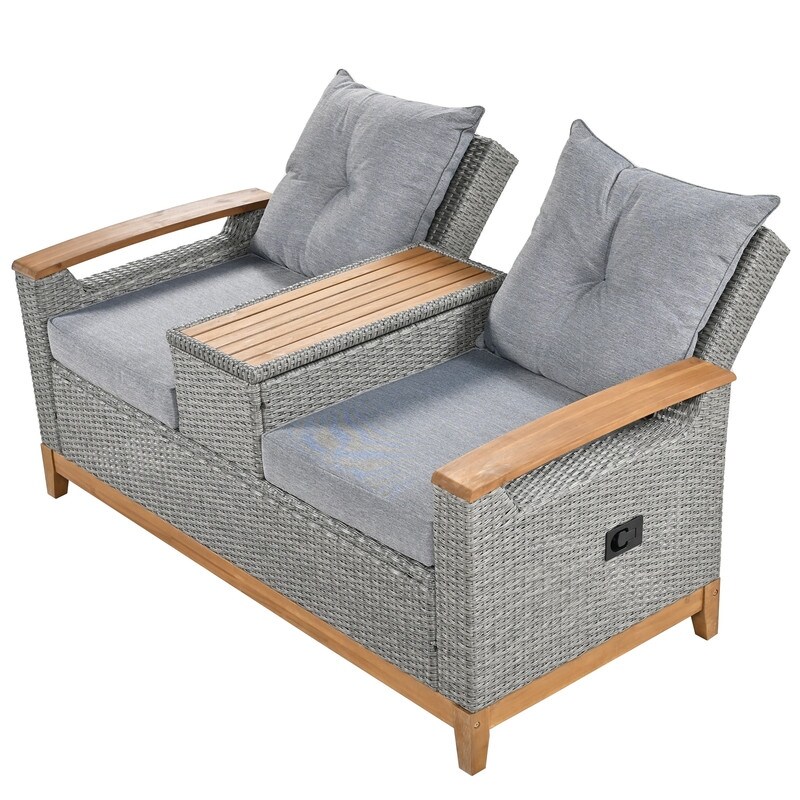 Outdoor Patio Sofa Adjustable Loveseat with Storage Armrest