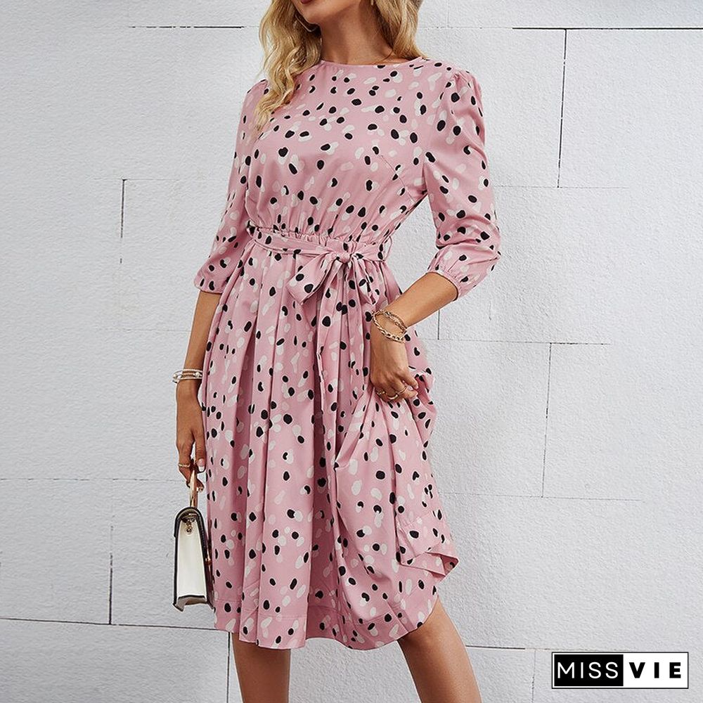 Elegant A-line polka dot women dress autumn Office lady o-neck belt women midi dresses Half sleeve female purple vestido