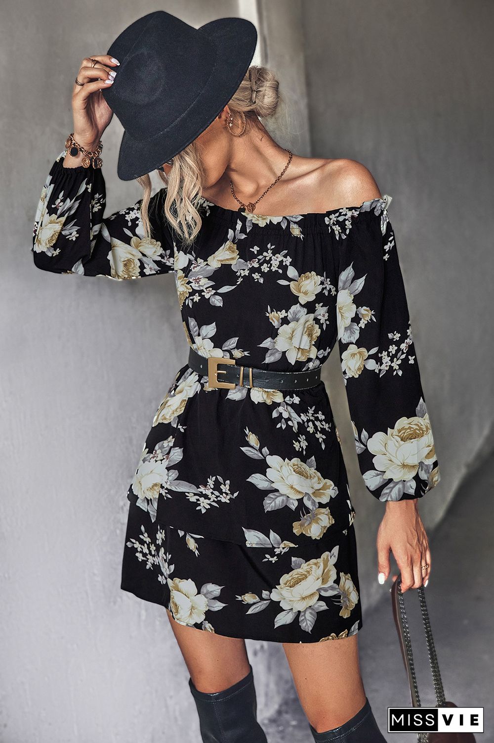 Off Shoulder High Waist Long Sleeves Floral Dress