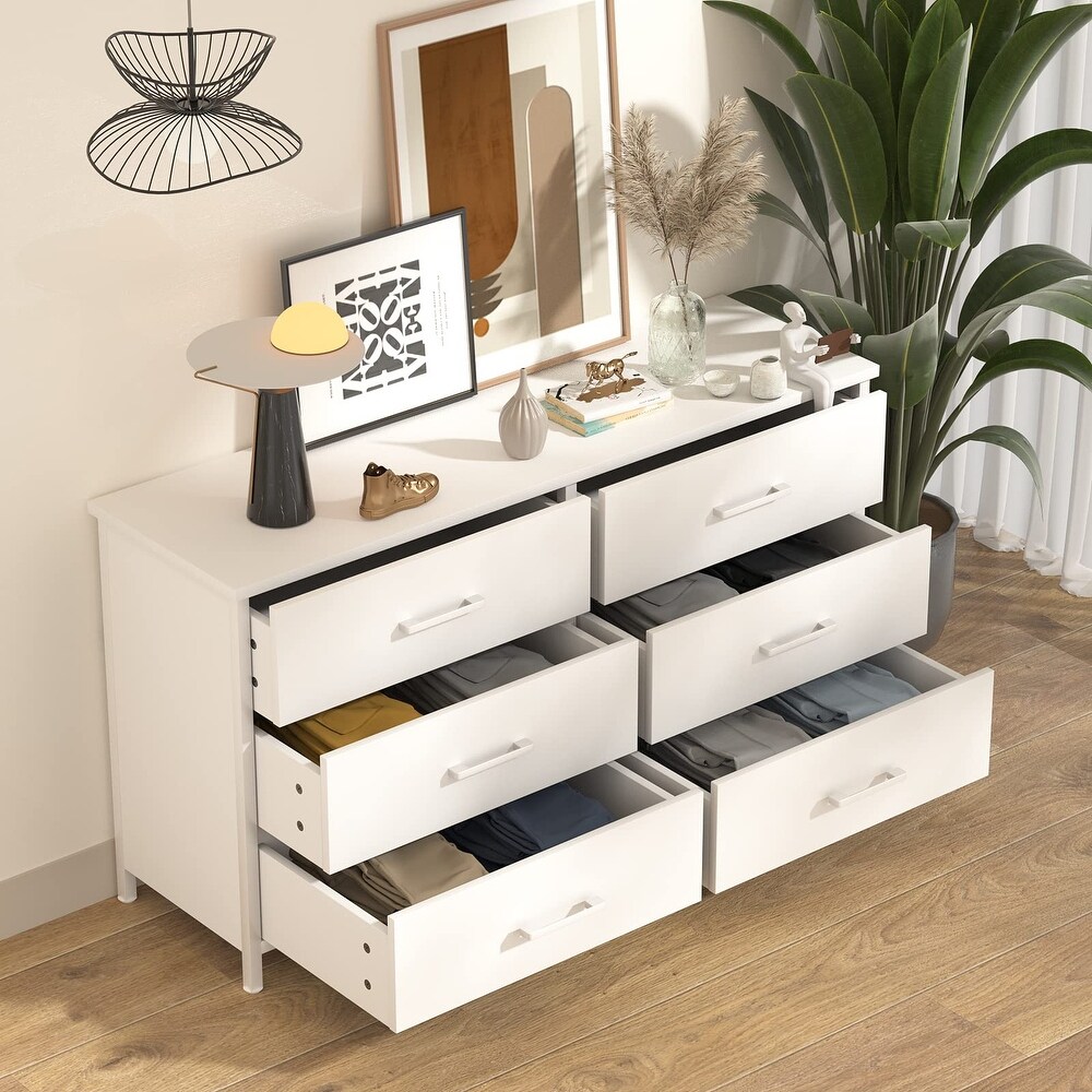 6 Drawer White Dresser  Industrial Wood Dresser for Bedroom  Sturdy Steel Frame