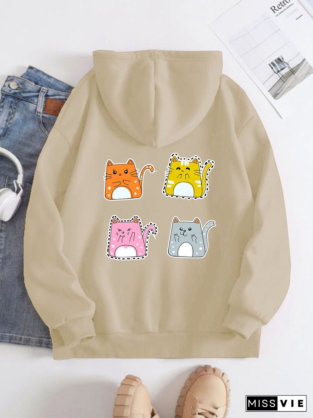 Printed on the Back Kangaroo Pocket Hoodie Long Sleeve for Women Pattern  Cartoon Cats